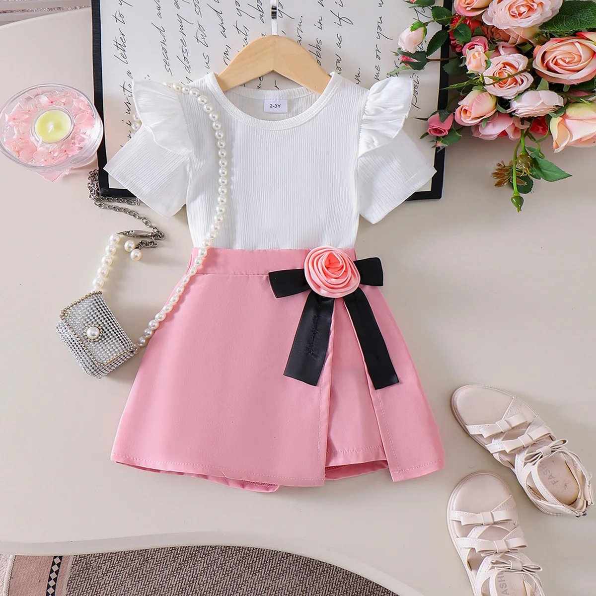 Children's Clothing European and American Children's Clothing Beige Short-sleeved T-shirt Pink Skirt Cover