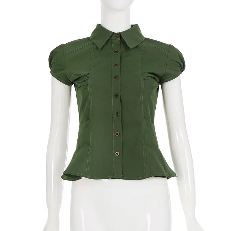 

Summer Retro Vintage Style Green Buckle Bubble Sleeves Women's Short Sleeve Shirt