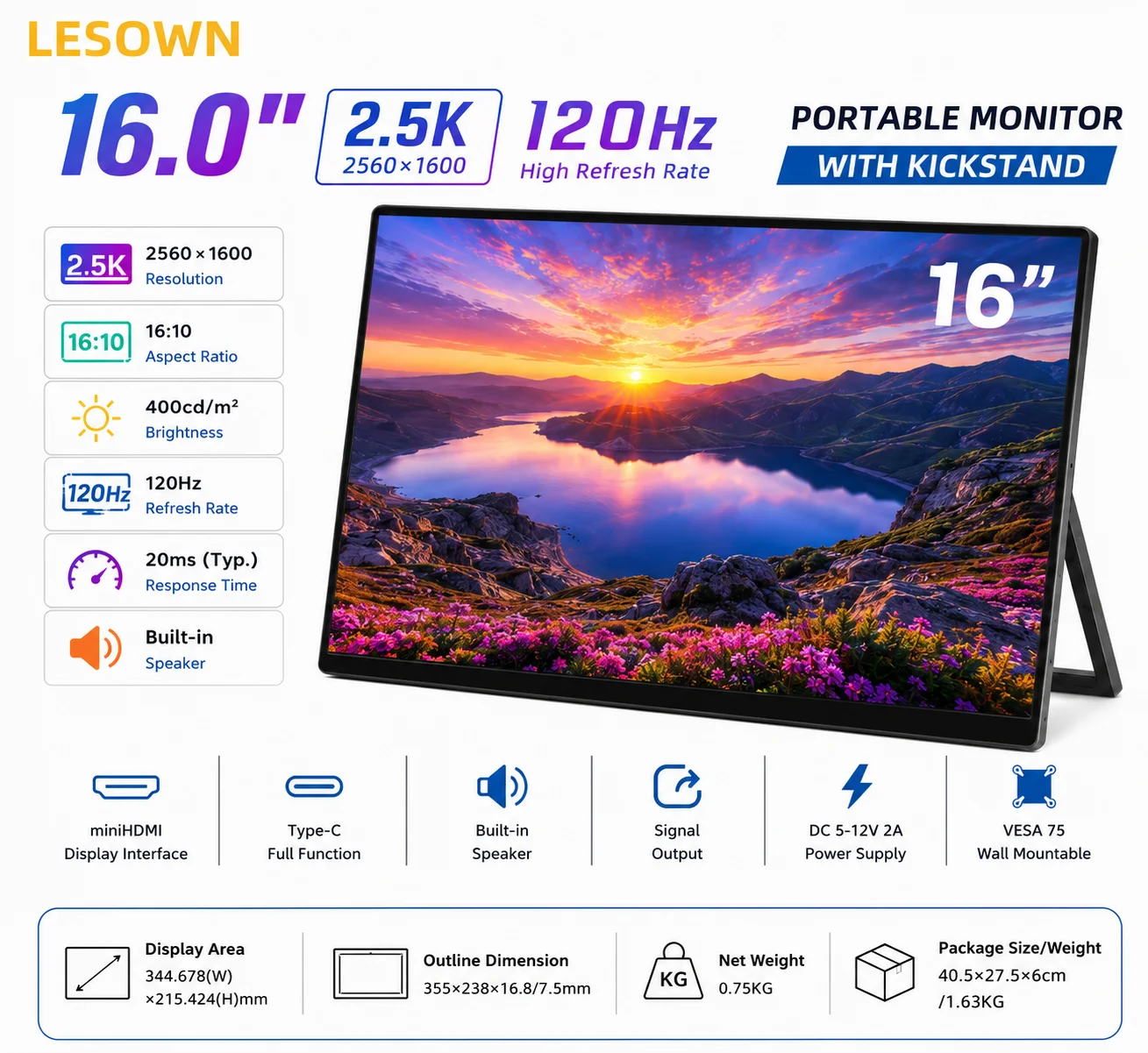 Écran portable LESOWN 16 pouces 120 Hz à taux de rafraîchissement élevé, 2560x1600, sans pilote, extension d'écran pour ordinateur portable compatible Steam Deck Écran portable LESOWN 16 pouces 120 Hz à taux de rafraîchissement élevé, 2560x1600, sans pilote, extension d'écran pour ordinateur portable compatible Steam Deck