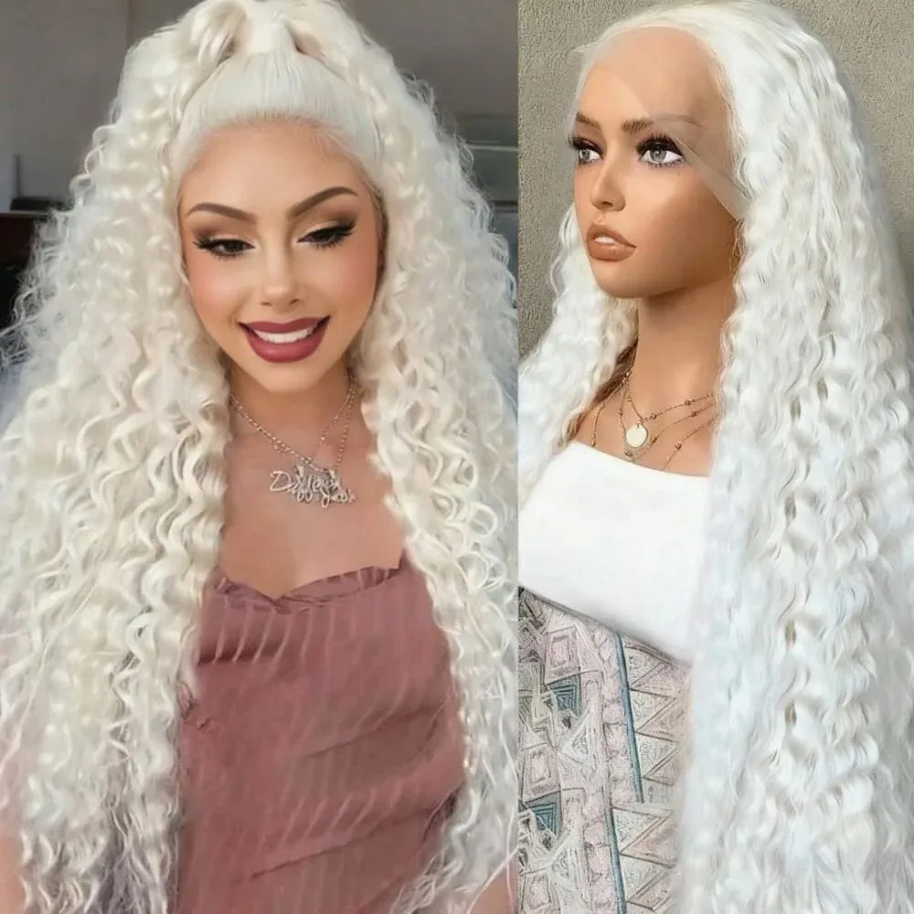 White Wig Loose Deep Wave Lace Front Wigs Middle Part 13x4 Hd Heat Resistant Glueless Synthetic Ready to Wear with Tiny Knots