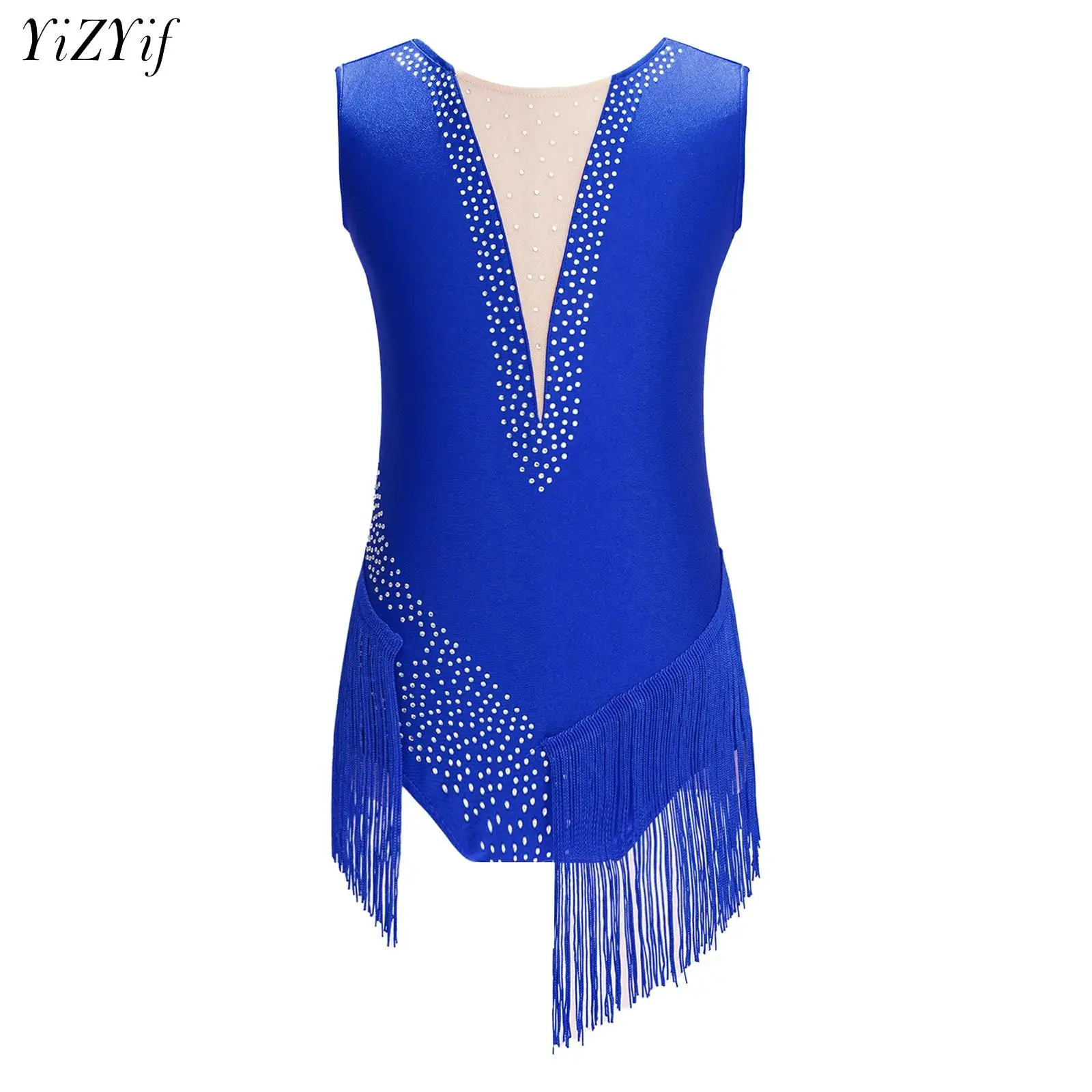 

Kids Girls Ballet Dance Tassel Leotard Modern Figure Skating Gymnastics Performance Dancewear Sleeveless Rhinestones Bodysuit