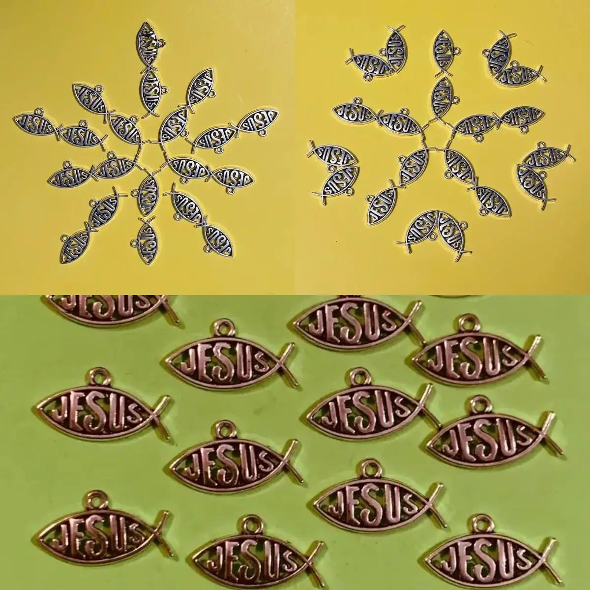 50pcs Vintage Hollow Jesus Fish Key Chain Charms Christian Cross Alloy Pendant ForDIY Bracelet Necklace Keychains Jewelry Making