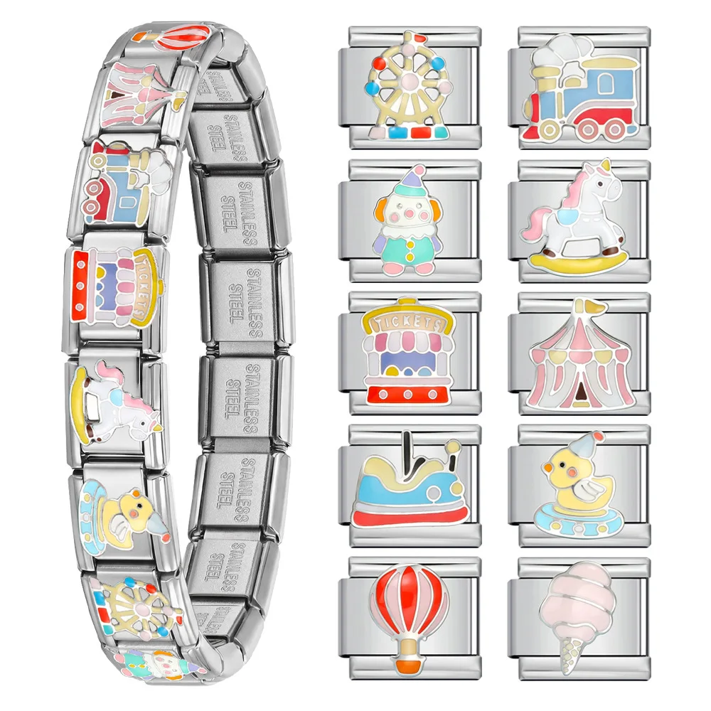 Amusement Park Circus Enamel Italian Charm Links Ferris Wheel Carousel Clown 9mm Stainless Steel Bracelet DIY Making Accessories