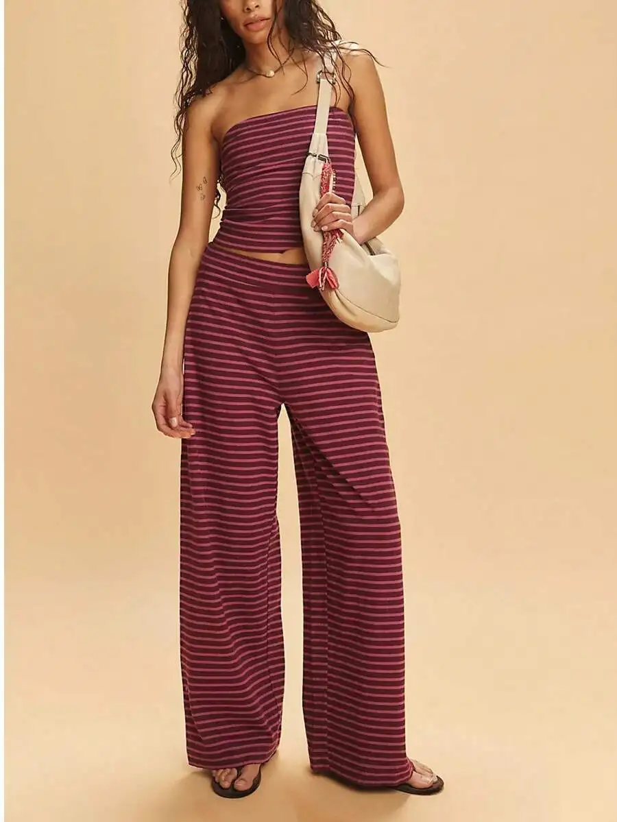

2pcs Women Striped Crop Top And Wide Leg Pants Set Street Casual Outfit Summer