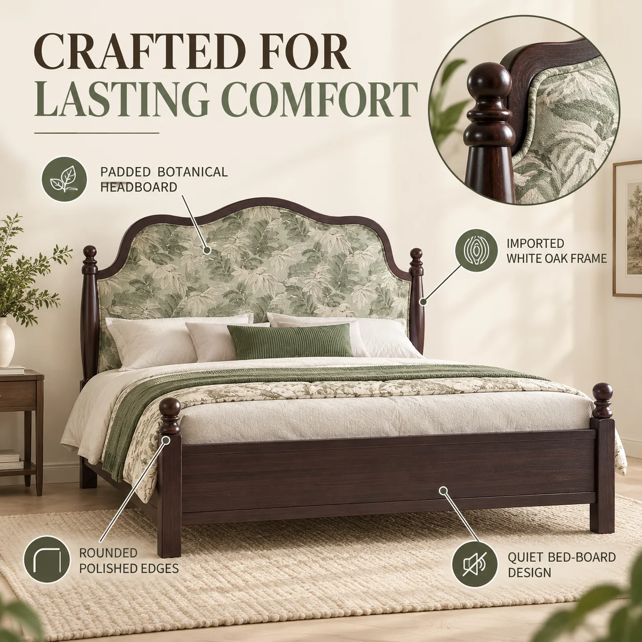 French Vintage Oak Solid Wood 1.8m Double Bed, Mid‑Century Fabric Upholstered Princess Bed for Master Bedroom Home Use