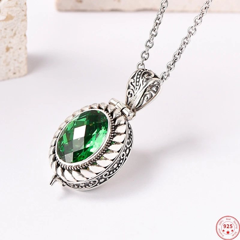 S925 Sterling Silver Pendants for Women Men New Fashion Cutting Surface Green Zircon Ancient Carved GaWu Box Free Shipping