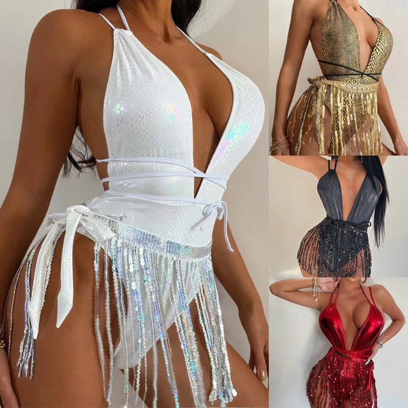 

Fashion Sequin Tassels Party Bikini Swimsuit Women Sexy Deep V-Neck Backless Beach Swimwear Set Snake Print Thin Strap Swimsuit