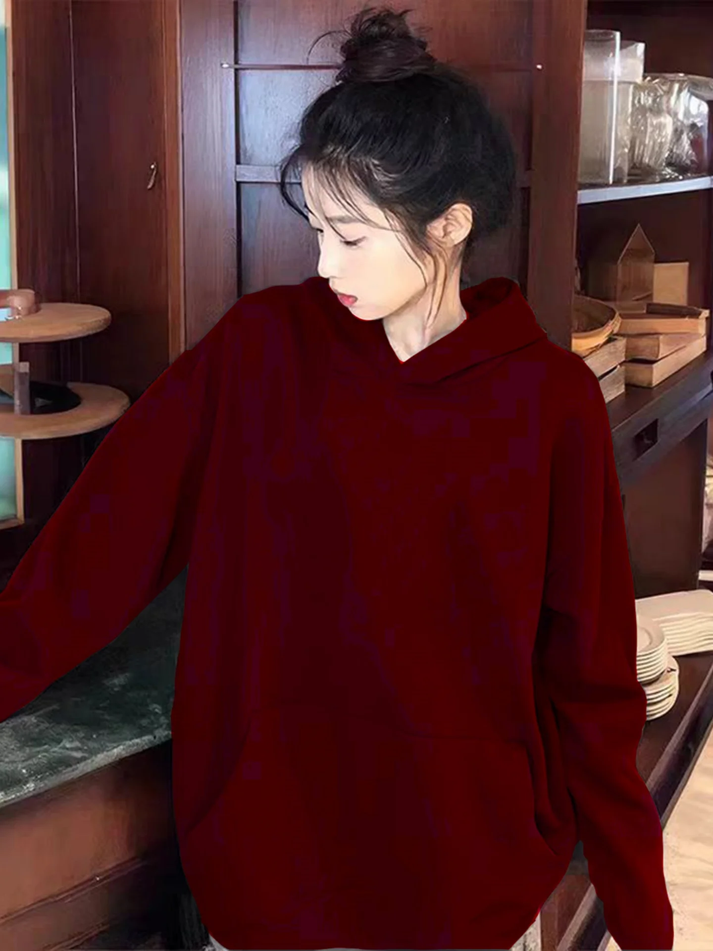 

Heavyweight Oversize Hoodie Women's Wine Red Fce Lined Thiened Loose Fit Autumn Winter Top Warm Korean Sle Long Sve
