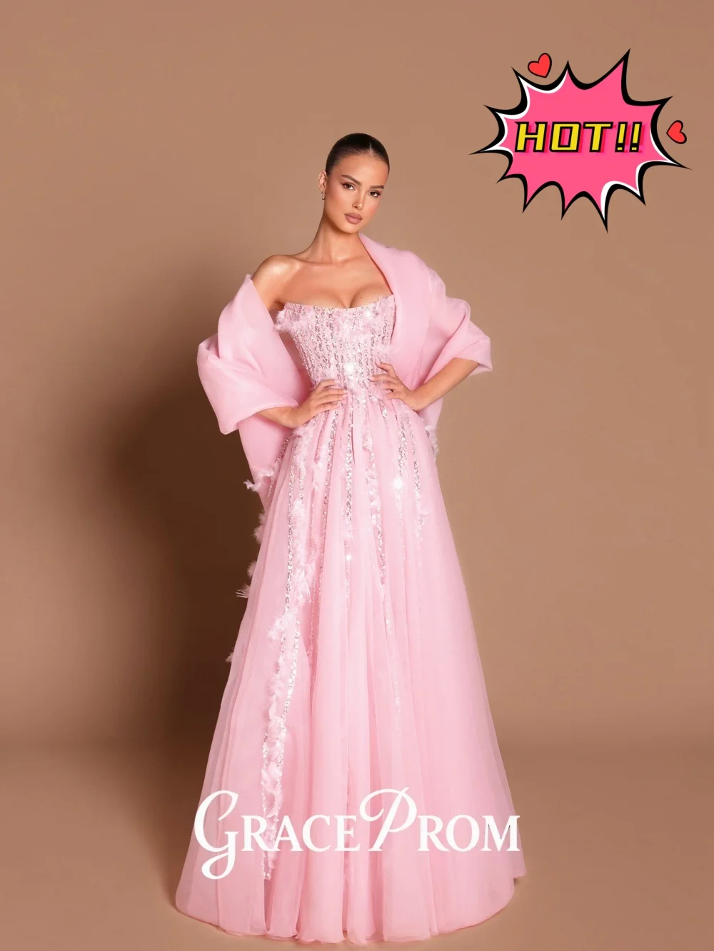 

GraceProm Charming Off-Shoulder Evening Dress 2026 Feather-Trim Carpet Gown Elegant A-Line Floor-Length Party Gown فساتين