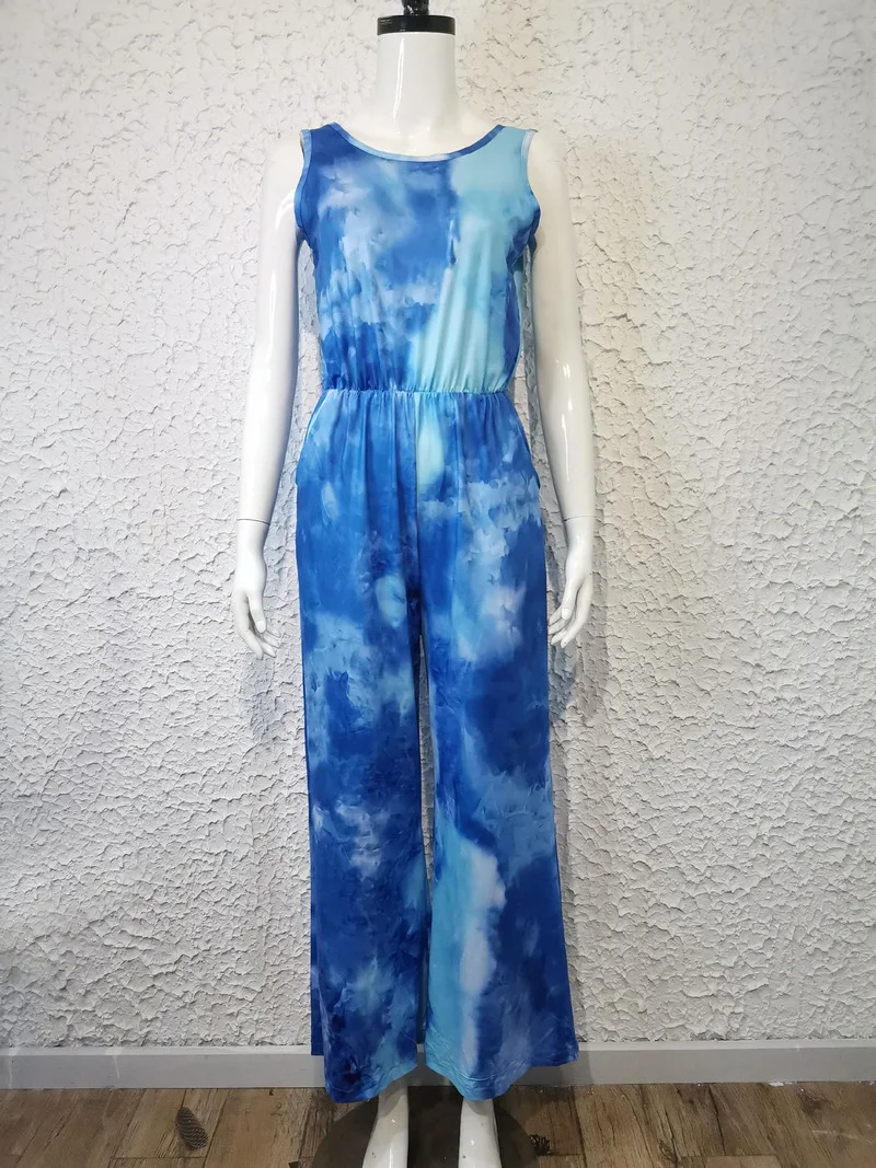 2024 New Summer Casual Tie-dye Ladies Jumpsuit 2024 Fashion Sleeveless Suspenders Printed Tie-dye Loose Jumpsuit Wide-leg Loose