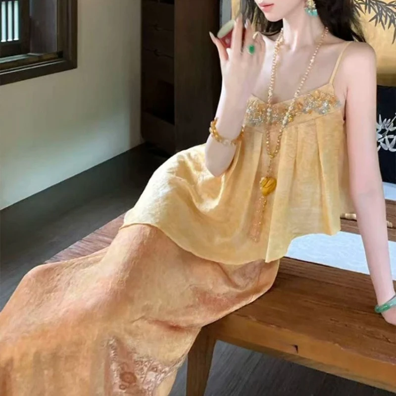 2026 Summer New Fashion Chinese Retro Style Niche High-end Sense Color Collision Fake Two-piece Tencel Camisole Dress for Women