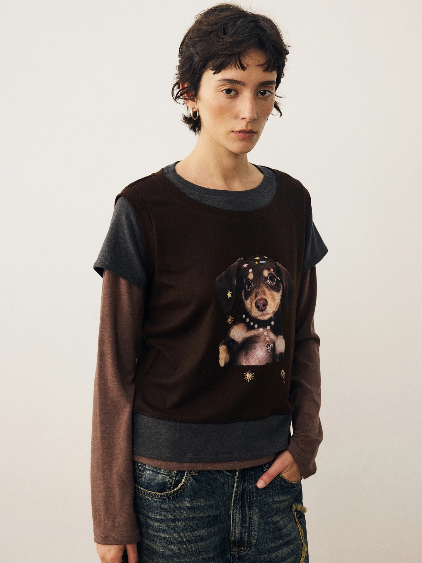 DIDDIMODA Loose round Neck Short Sleeve Women's T-shirt Dog Print Casual Style Color Block Top New 2026 Autumn Ladies Fashion