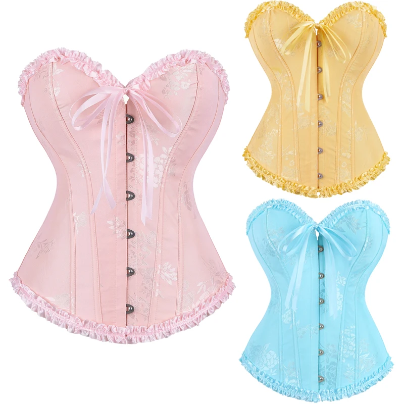 

Women Floral Overbust Corset Ruffled Trim Bustier Top Fashion Corset