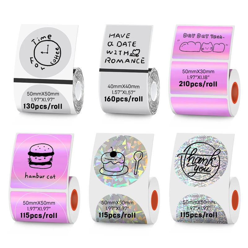 Sinmark 6 Rolls Mixed Thermal Labels, Holographic Shiny Stickers & Clear Transparent Label Rolls Multipurpose Labeling Supplies
