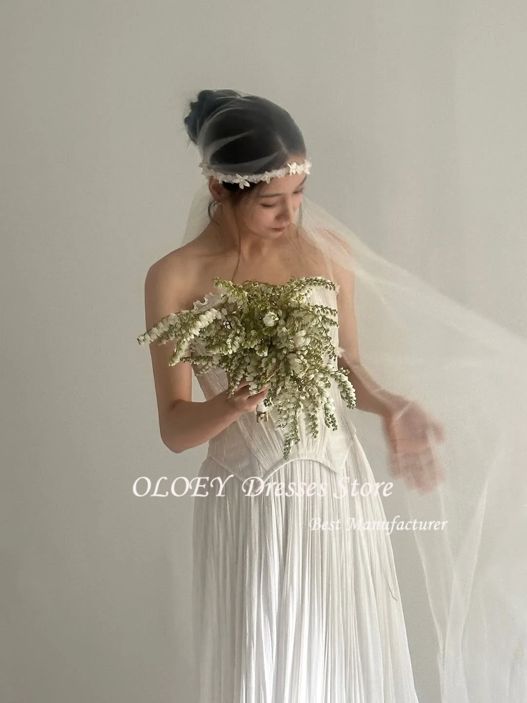 OLOEY  lvory Chiffon Wedding Dress Strapless A Line Formal Occasion Dresses Korea Wedding Dress Photo Shoot Customized