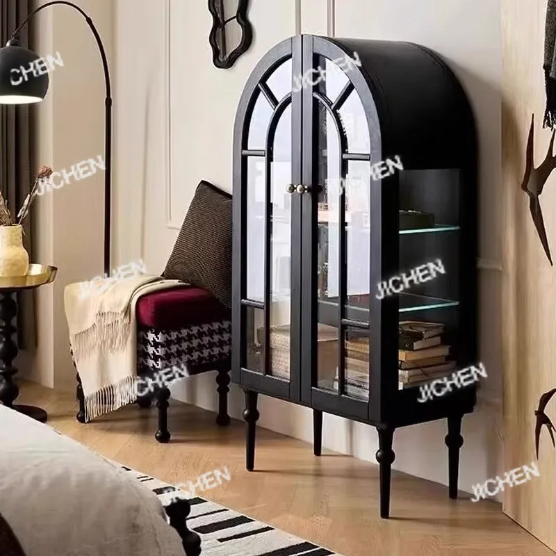 

Изогнутый боковой шкаф из цельного дерева во французском стиле ретро, шкаф для хранения с двойной дверью в гостиной, черный шкафчик у стены