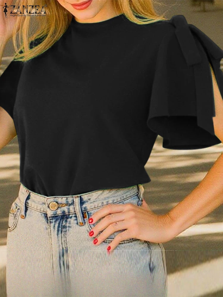 

2025 Summer Bandage Slit Sleeve Blusas ZANZEA Vintage Solid Color Blouse Office Lady O-neck Tunics Casual Loose Commuting Tops
