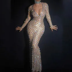 Women Sexy Sparkly Silver Crystals Long Sleeves Birthday Dress Evening Celebrate Outfit Stretch Mesh Transparent Dance Dress