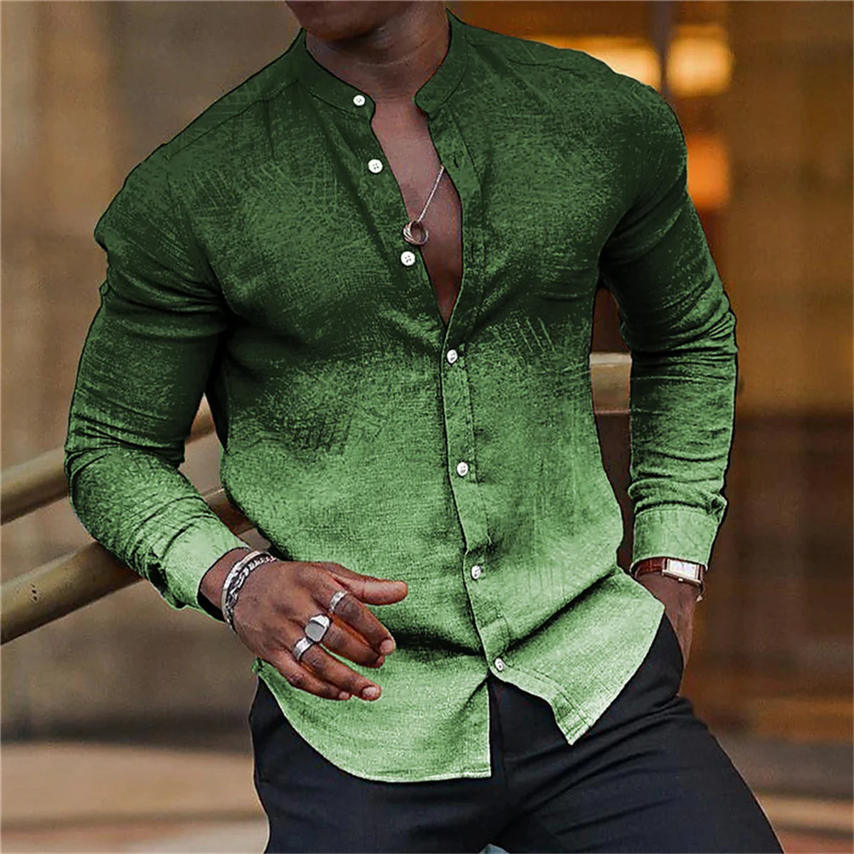 

Men's Casual Fashion Spring Autumn Long Sleeve Printed Stand Collar High-End Gradual Change Shopping New Men's Shirt