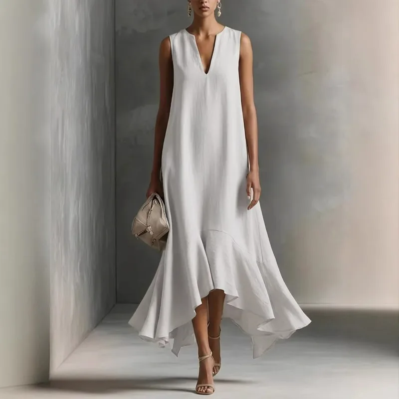New Cross-border Fashion Deep V-neck Sleeveless Dress From Europe and America with A Slimming Irregular Hem Elegant and Refined