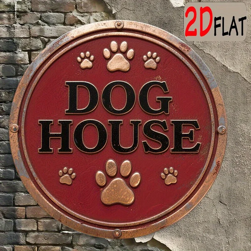 2D Metal Sign 20x20cm Round Aluminum Plate, Vintage Red Gold Dog Paw Print 