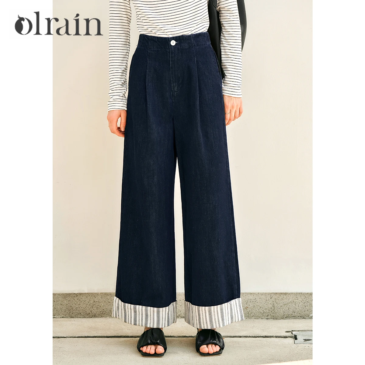 

OLrain Women's Vintage Baggy Jeans 2025 Ladies Trousers Elastic Waist Wide Leg Denim Pants with Contrast Stripe Cuff M57CA95686