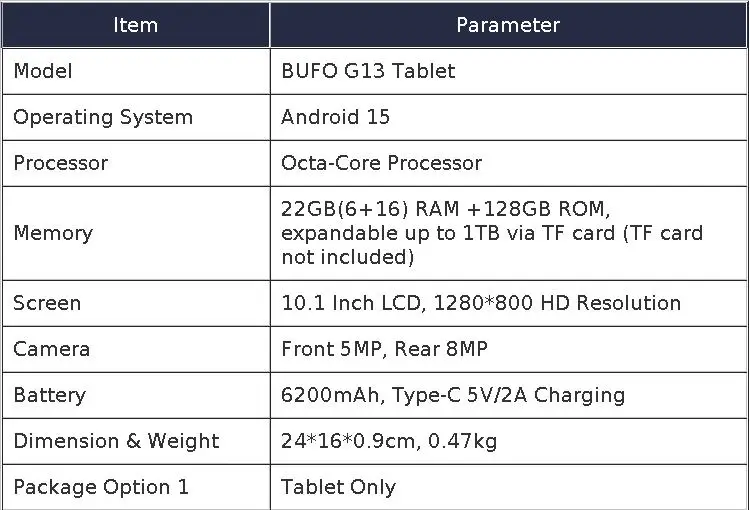 BUFO Octa‑Core Android 15 Tablet US Local Warehouse, 10.1 Inch IPS HD Screen Widevine L1 Support 30GB(6+24) RAM 128GB ROM 6200mAh Battery TF 1TB Expand Dual Camera