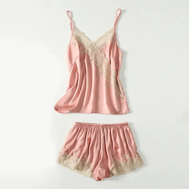 

Женские сексуальные атласные шелковые пижамные комплекты y2k Кокетка с кружевной отделкой без рукавов и открытой спиной, топы и шорты, одежда для дома, одежда для сна