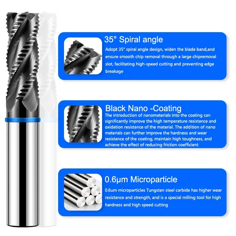 AZZKOR TGB-HRC65 Nano Coating 4-Flute Tungsten Steel Carbide Roughing Milling Cutter CNC Machinery Machining Rough End Mill Tool