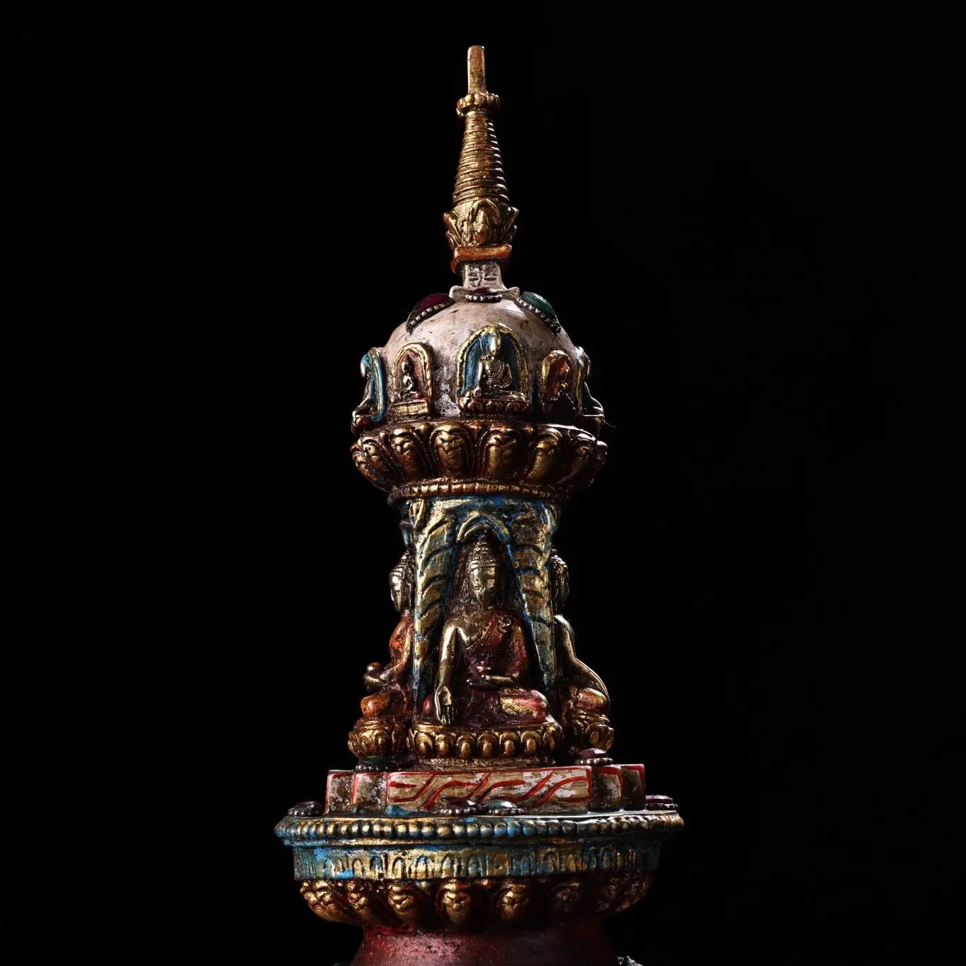 Nepal Pure Copper Four Faced Stupa Pagoda Gem Inlaid Painted Collectible Home Decor