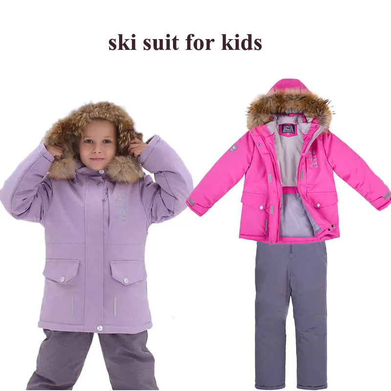 الشتاء الاطفال رشاقته مقنعين سنوسويت الدافئة سترات معطف بياقة من الفرو + بذلة 2 قطعة ملابس الأطفال الصبي بدلة الثلوج