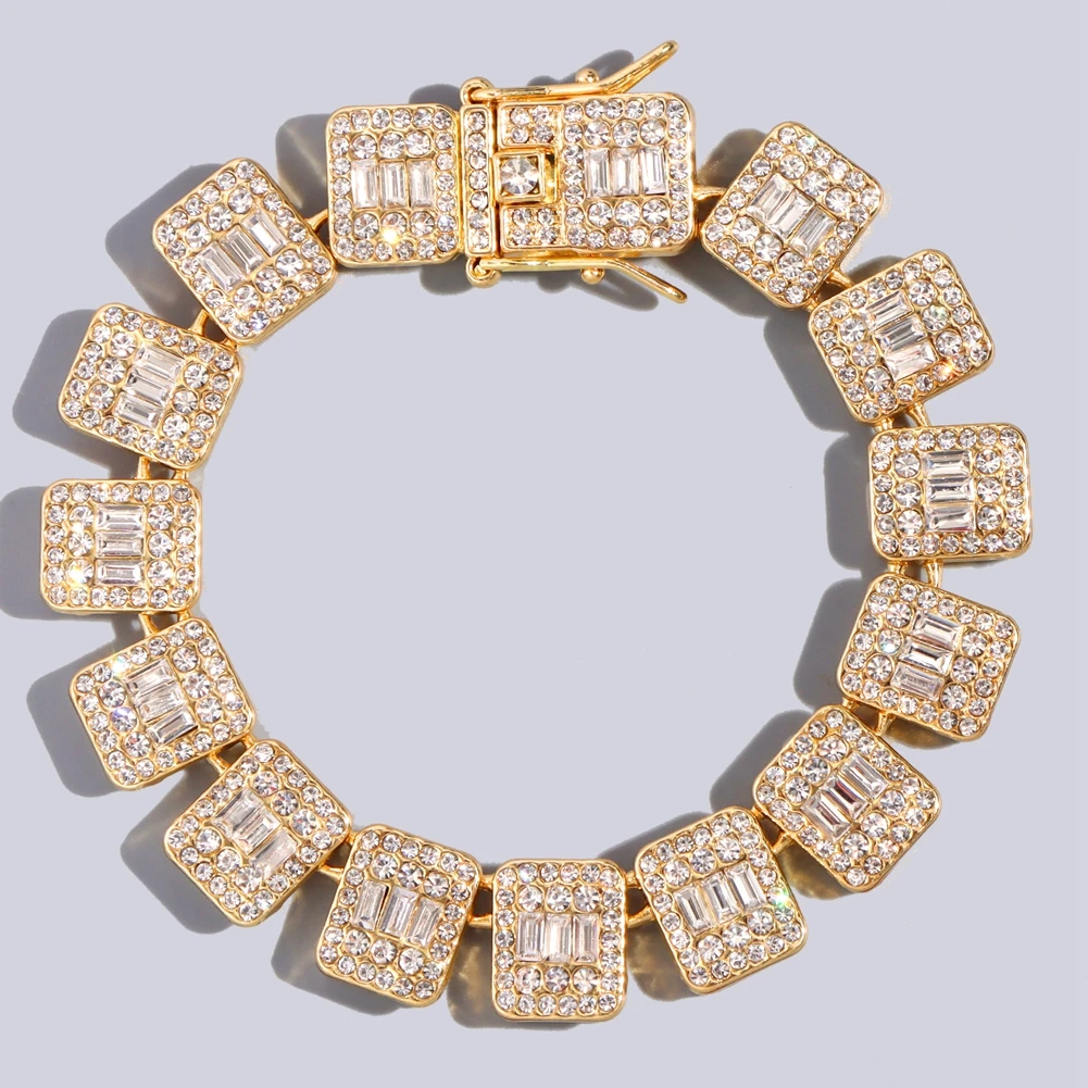 Men Women Bling Iced Out Chain Baguette Tennis Cuban Necklaces Gold Silver Color Shine Square Crystal Necklace Hip Hop Jewelry