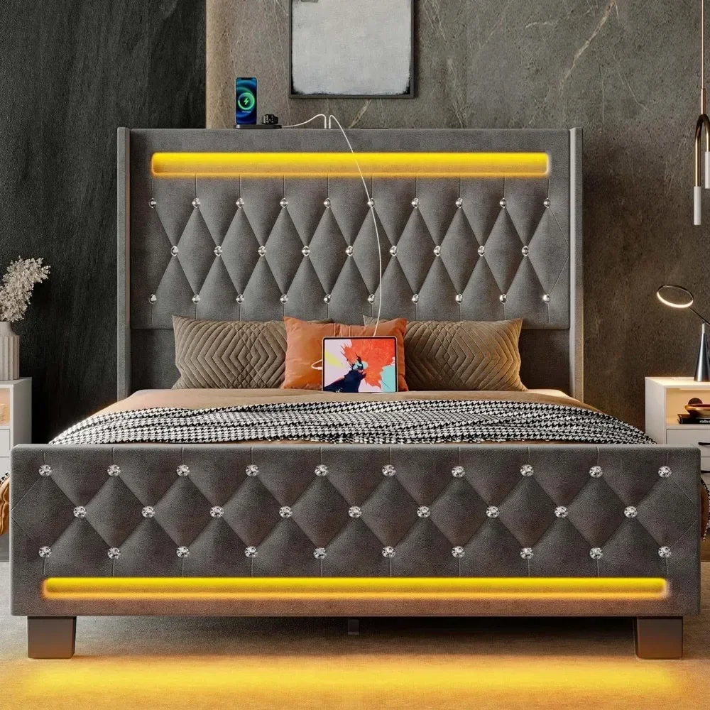 

Full Bed Frame with LED Light and Charging Station, Upholstered High Headboard and Footboard, Wood Slats, Bed Frame