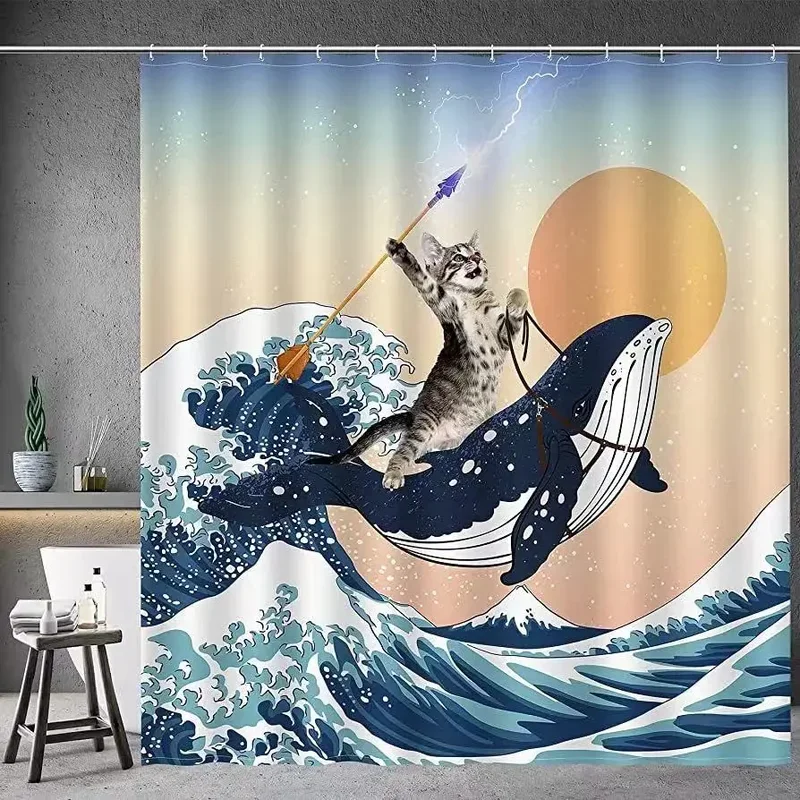 Funny Shower Curtain Brave Cat Holding Trident Arrow Riding Shark in Ocean Wave Whale Cat Shower Curtain Set Bathroom Decor Set