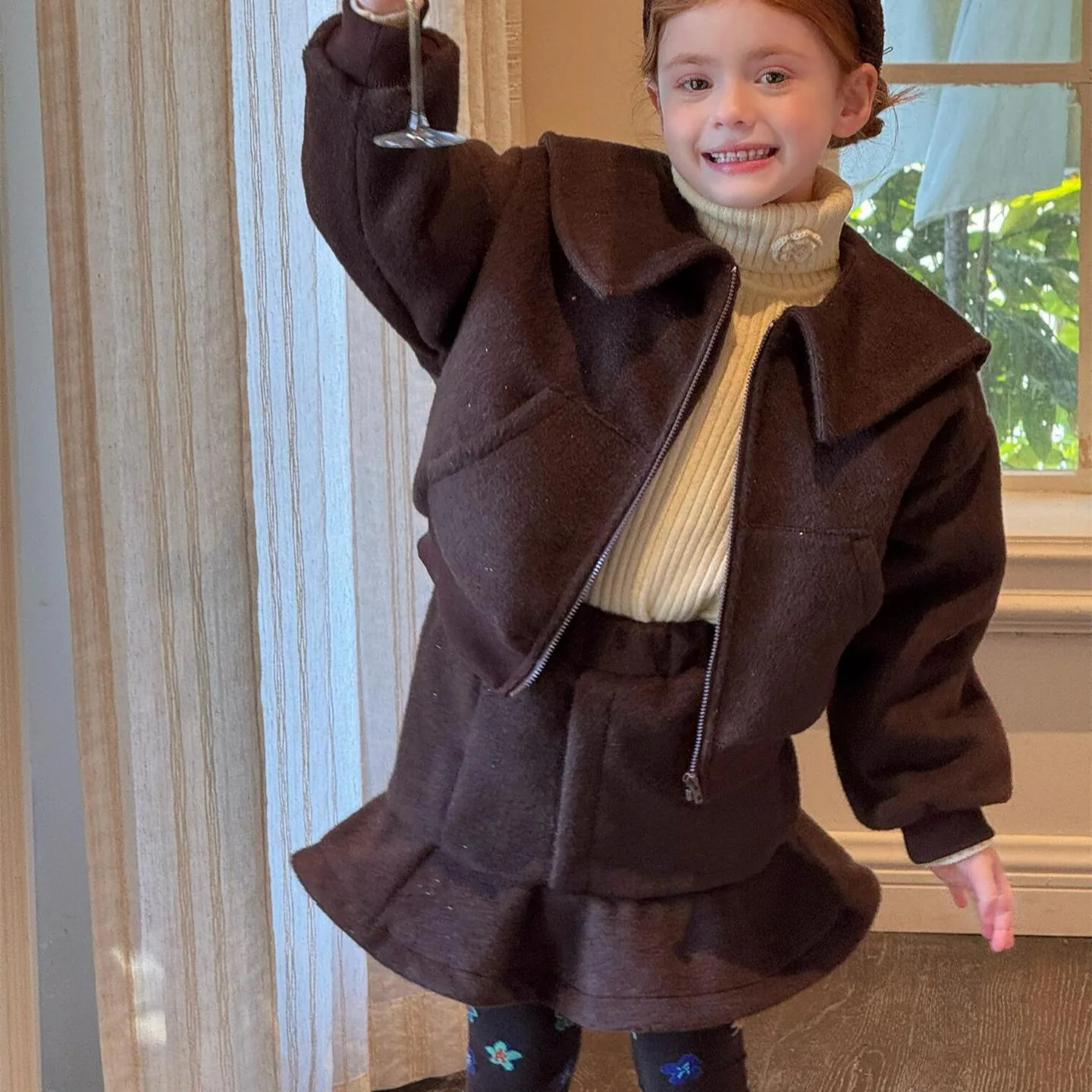 Korean Children Clothing 2025 Spring Autumn Winter New Girls Set Solid Turn-down Collar Short Woolen Coat Skirt Two Piece Set
