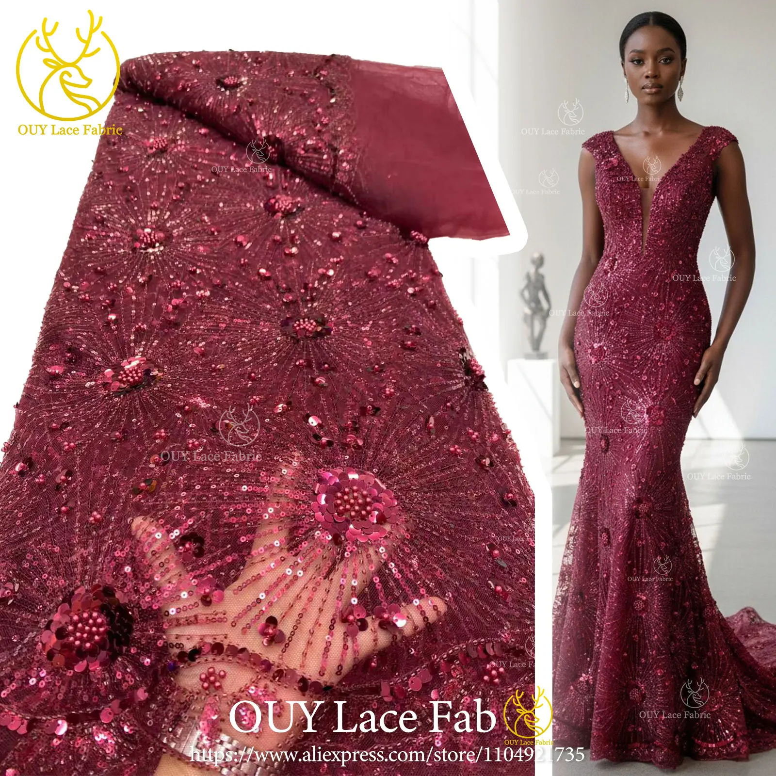 Burgundy African Sequin Lace Fabric 2026 Nigerian French Beaded Tulle Lace Fabric Suitable for Wedding Dresses and Evening Gowns
