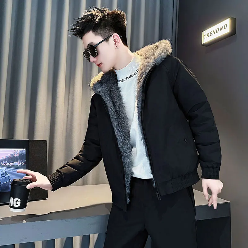 

ort Hooded Cotton Jaet Men's Winter Warmth Fur Collar Mountain Eagle Print Faionable Urban Sle Thiened Long Sve ...