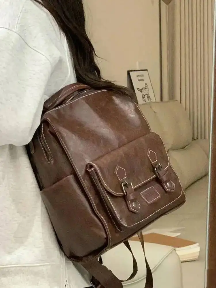 Bloom Vintage Brown Backpacks Women Preppy Style Large Capacity Casual Mochila Schoolbag Female Retro Y2k Backpack Aesthetic