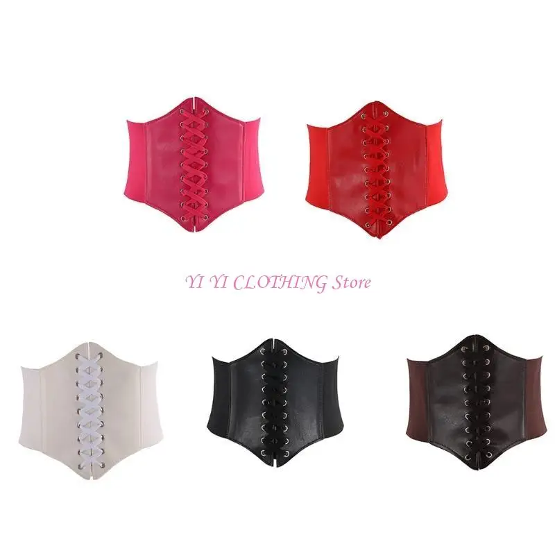 

N5KF Women Faux Leather Underbust Corset Waist Belt Steampunk Sexy Lace-Up Bustier