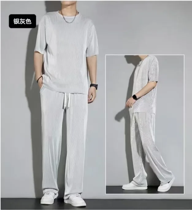 Ice Silk Sports Suit 2 Piece Men's Sets 2024 Summer Fashion Men T-shirt Short Sleeve and Breathable Casual Pants Clothes for Men