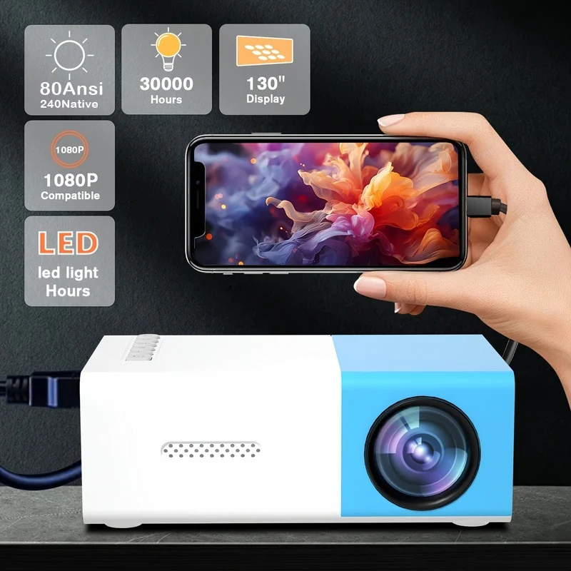 Mini projecteur YG300 avec 80 lumens °   Projecteur portable de table avec affichage USB et connexion pour téléphone portable, idéal pour le home cinéma, le bureau et les présentations