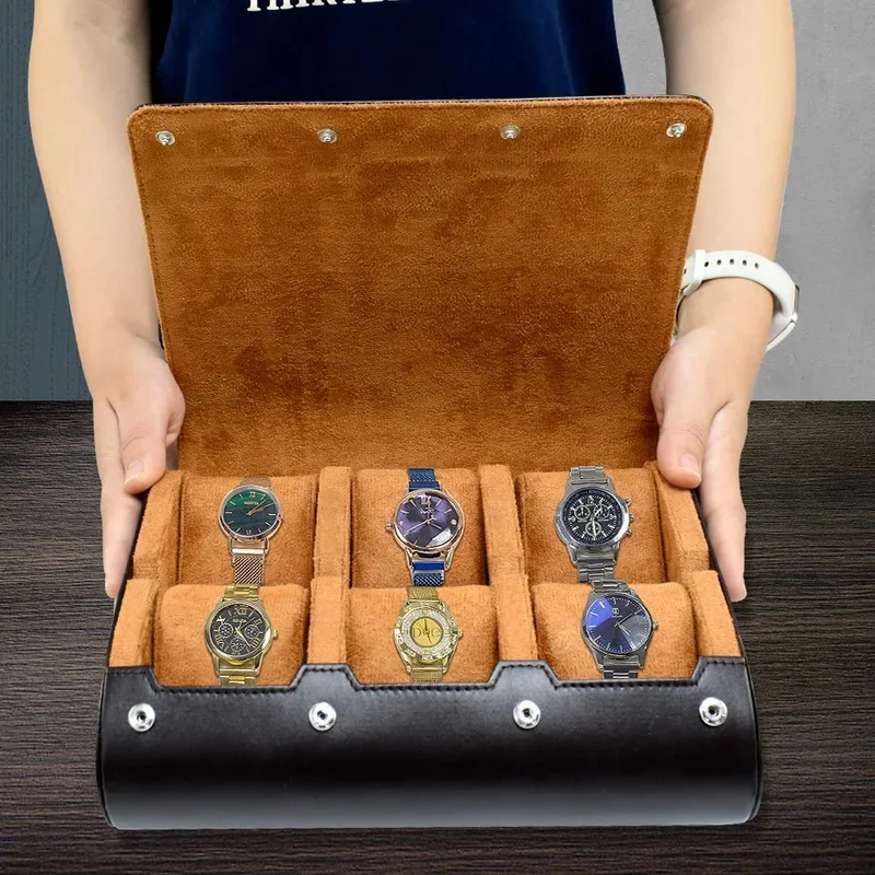 6‑Slots Portable Watch Roll Travel Storage Case, Wristwatch Organizer Box for Men Women Watch Collection Display