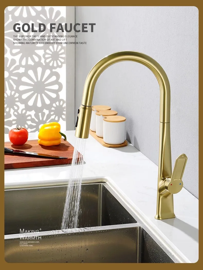 Top quality Gold Brass Kitchen sink faucet Pull out Hot cold water Kitchen Tap One Hole One Handle 3 modes Kitchen sprayer,Grey