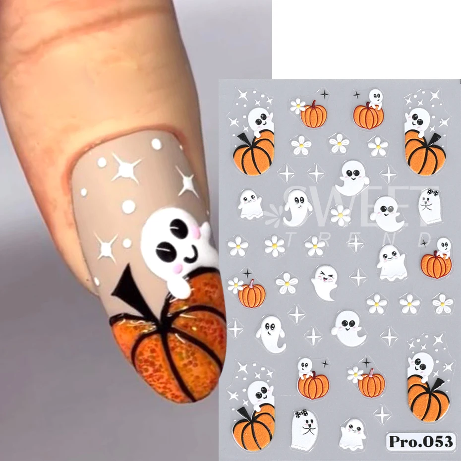 5D Halloween Nail Art Stickers Cute Cartoon Embossed Pumpkin Ghost Design Adhesive Nail Sliders Decals DIY Manicure Decoration