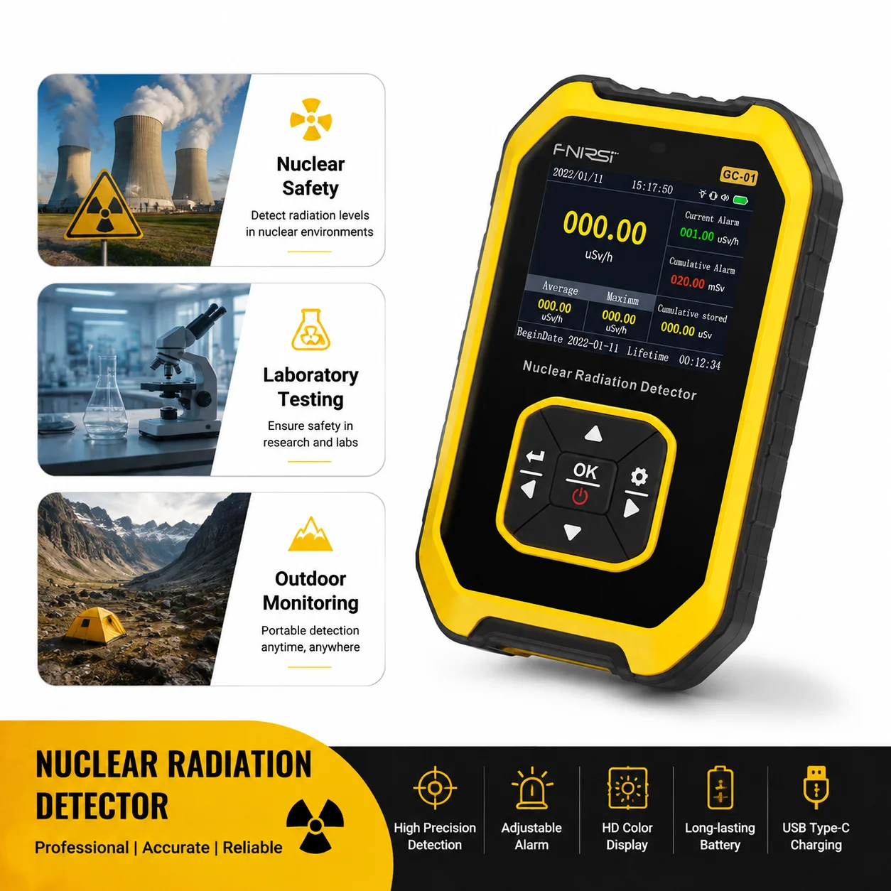 FNIRSI GC-01 Nuclear Radiation Detector Geiger Counter Dosimeter LCD Rechargeable Beta Gamma X-Ray Tester for Home Industrial