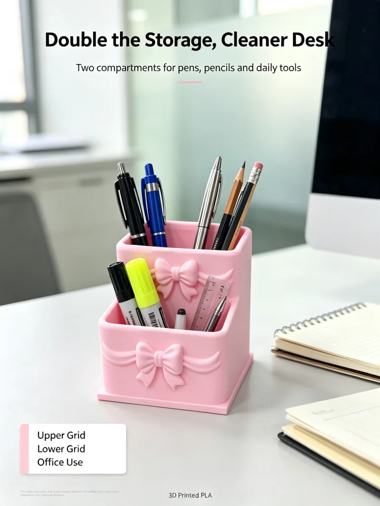 3D Printed Pla Material Bow-Shaped Pen Holder, Pink Double-Layer Dual-Compartment Desktop Storage Box, Tilted Creative Stationery Organizer, Cute Pen Cup and Pencil Holder, Universal Desktop Storage for Home, Office, and School, Makeup Brush Organizer for Dressing Table, Study Desk Decoration, Girly Office Decor, Large Capacity Lightweight Stationery Storage Box, Girl's Desktop Accessories, Desk Accessories, Tidy Desktop Storage Essentials
