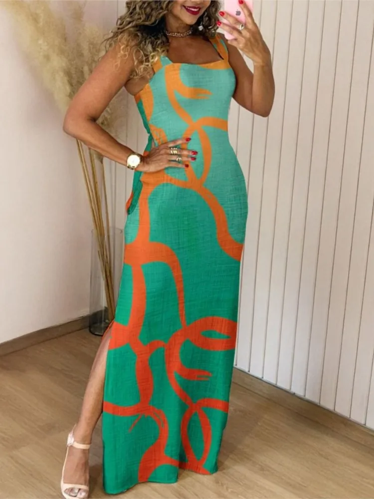

Fashion New Sleeveless Split Long Dresses 2025 Summer Casual Geometric Print Slim Fit Slit Maxi Dress Women Elegant Sexy Dress