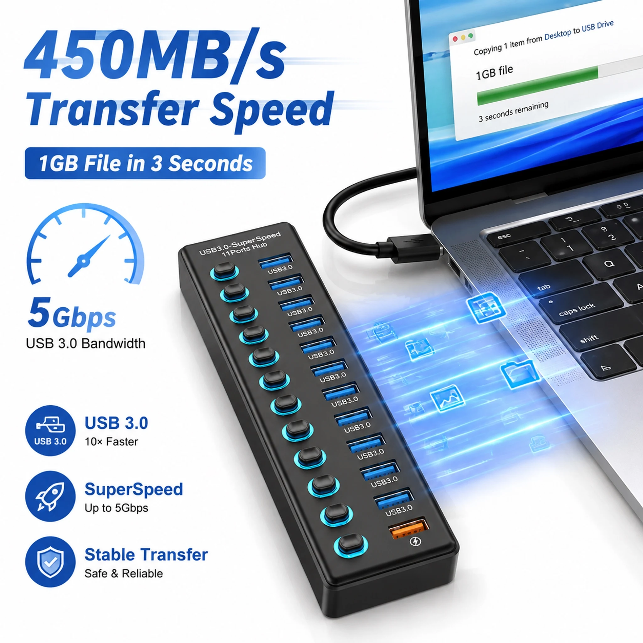 11 Port USB 3.0 Hub 5Gbps Super Speed Splitter 2.4A Fast Charging Port 3M-15M Long Cable 12V Powered USB Hub for Laptop PC
