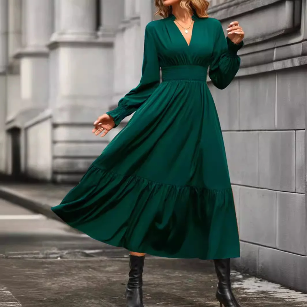 Women Fashion Green Long Sleeve Midi Dress 2025 Spring Autumn V-neck Elastic High Waist Slim Casual Office Lady Dresses Robe