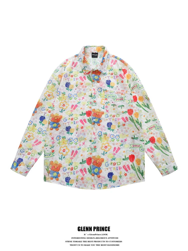 

Cute Bear Print Long Sve irt Men's Spring Season Loose Fit Polyester Fiber Durable Youthful Sle Flat Button Closure